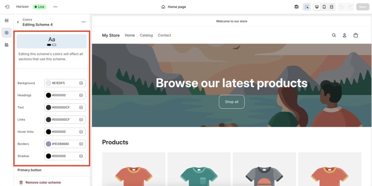 Customizing a site's color palette to sell on Shopify