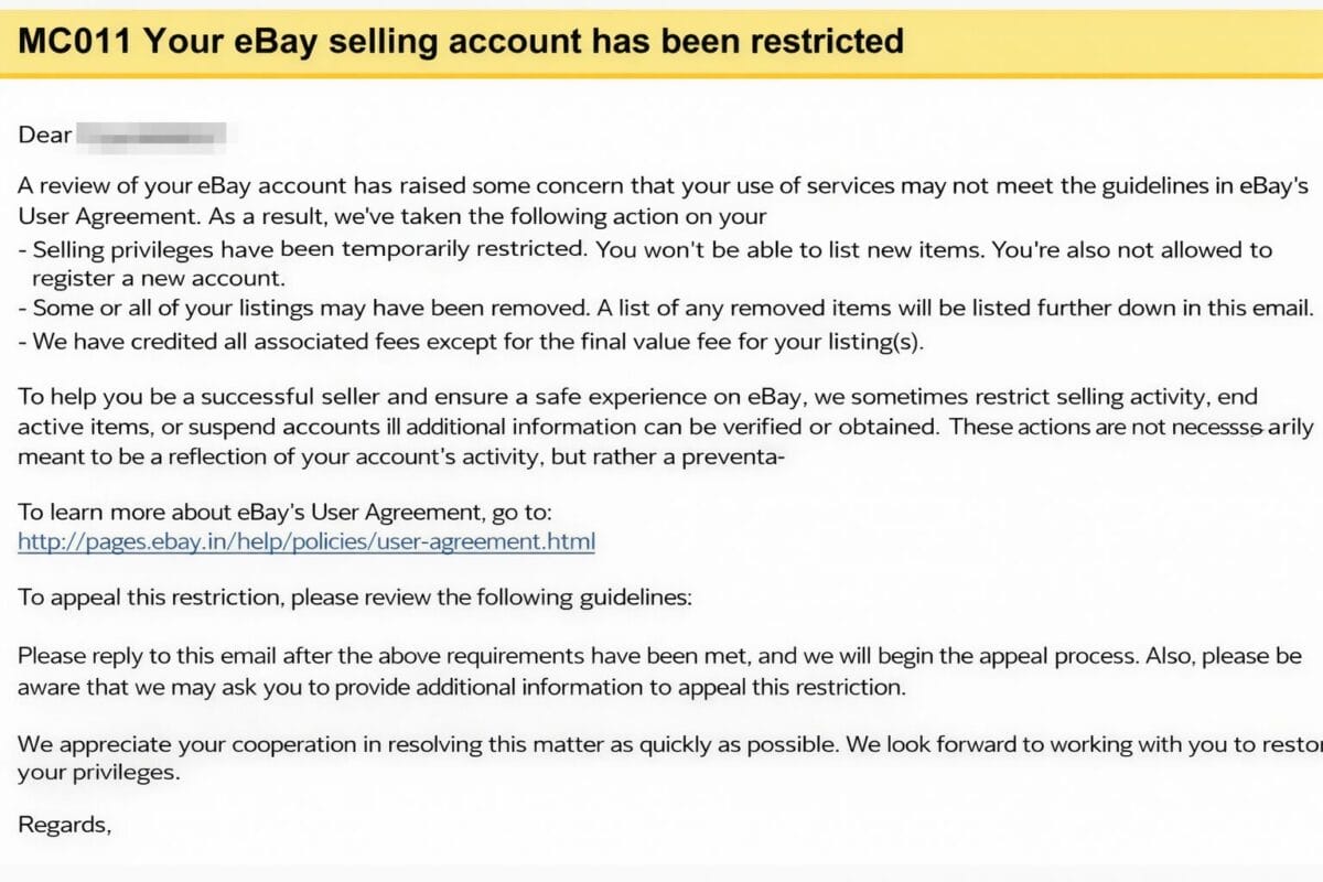 eBay restriction MC011 email