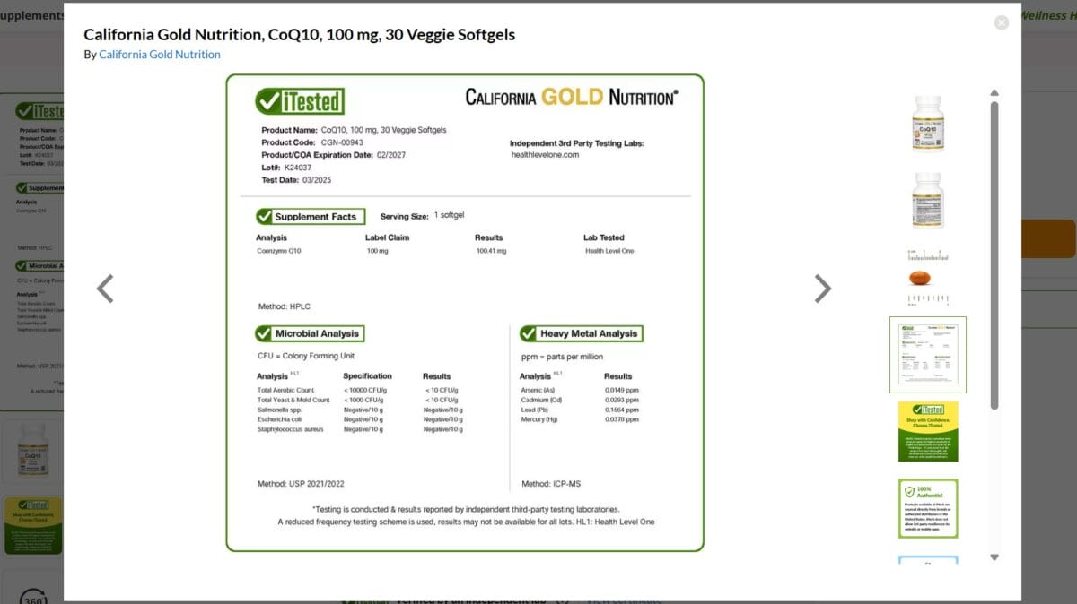 Supplement ingredients detail in an ecommerce store