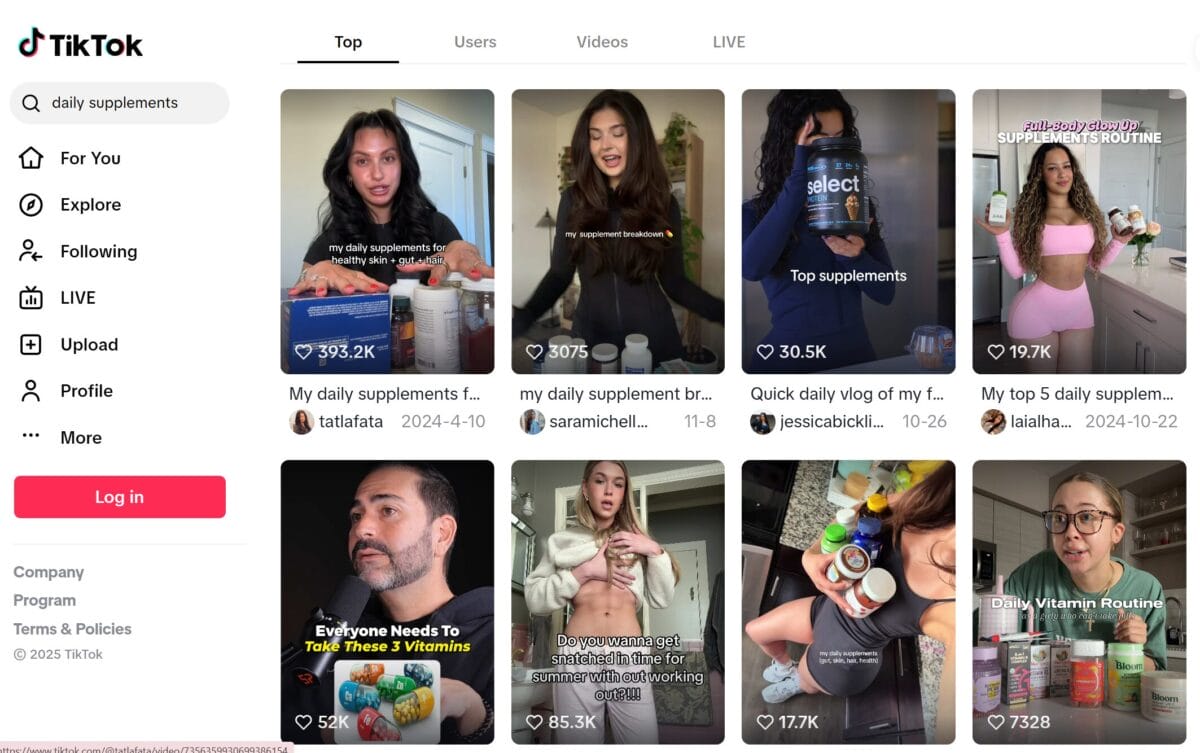 Supplement marketing in tiktok videos