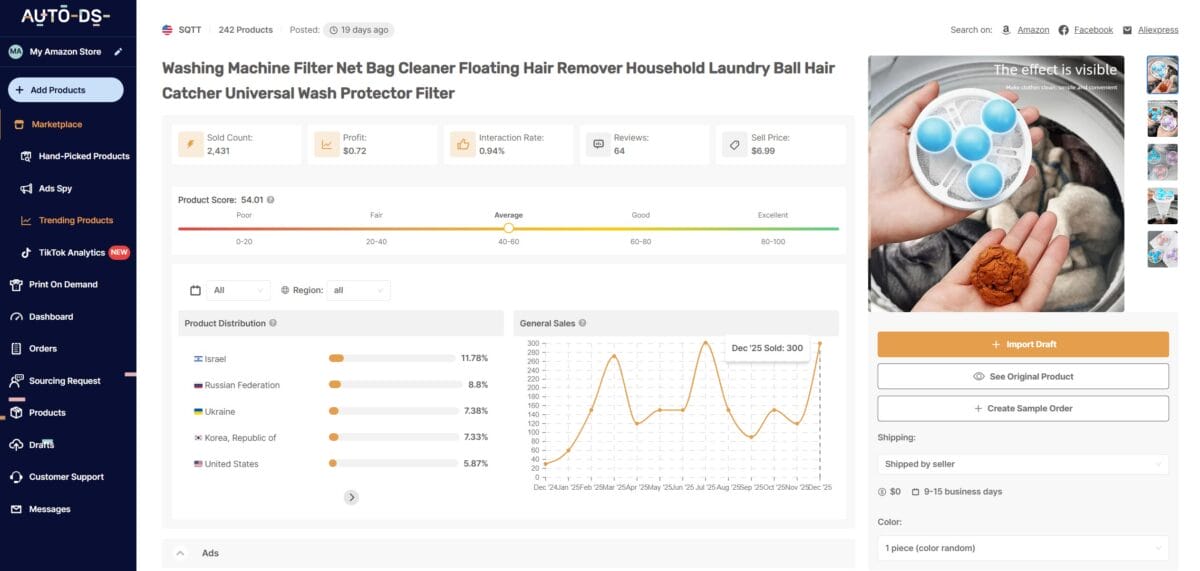 AutoDS trending products data for AI dropshipping research