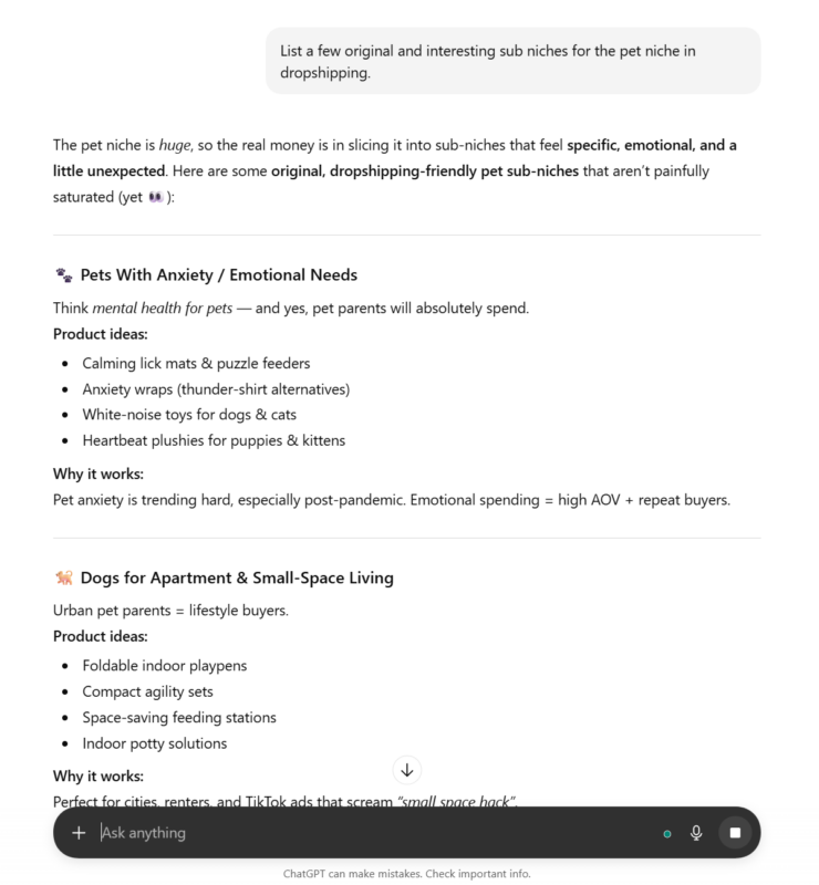 ChatGPT for AI dropshipping product research