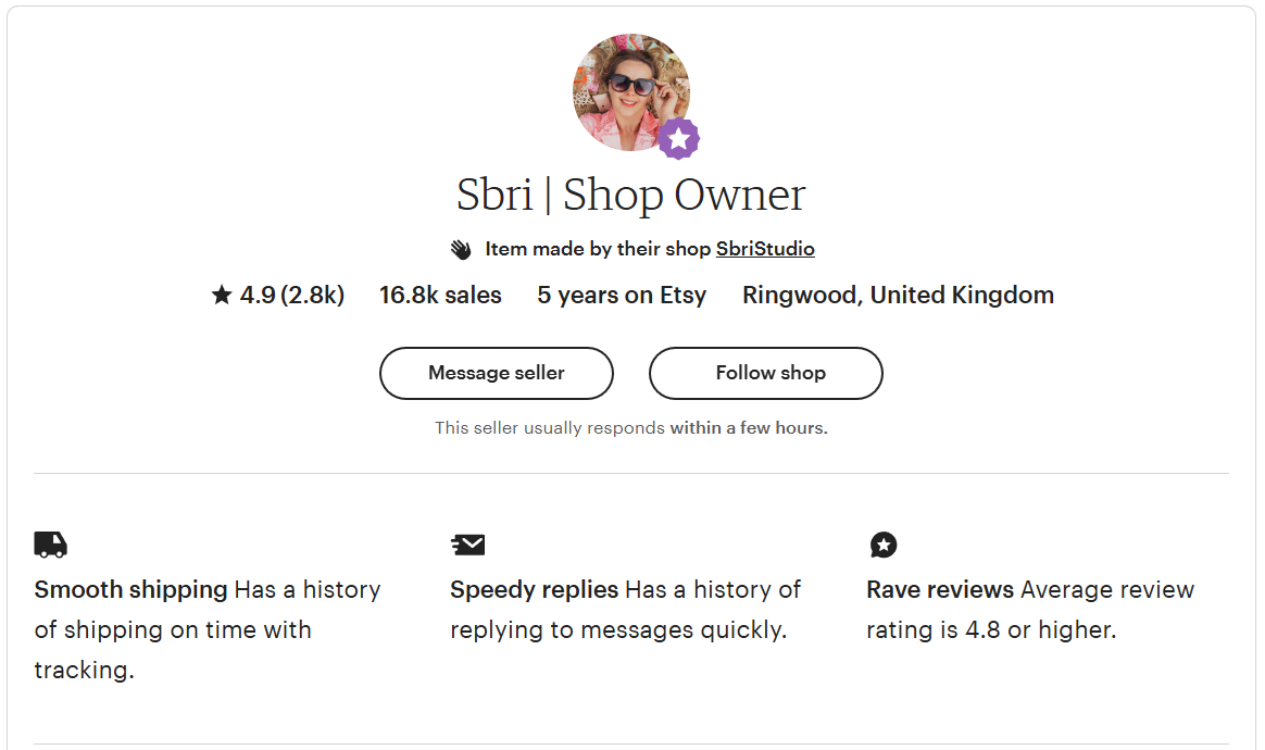 Etsy sellers profile on marketplace