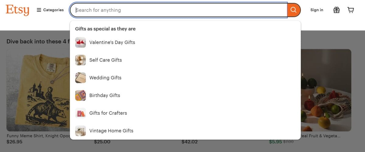 Etsy search bar and browser to research products and sell
