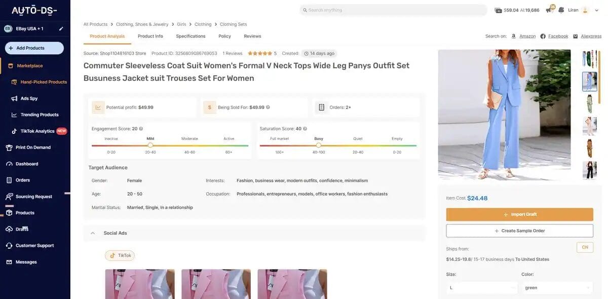 Women's jacket and trousers suit set, one of the top dropshipping products of 2025