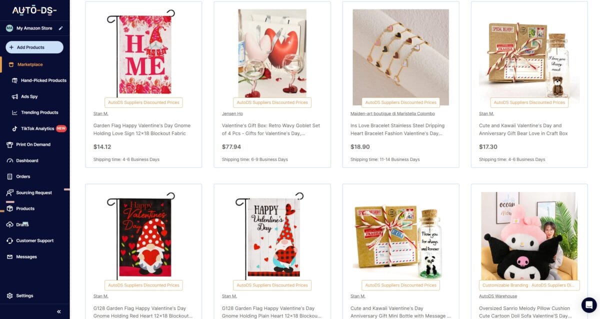 AutoDS marketplace and private suppliers for valentine's day dropshipping products