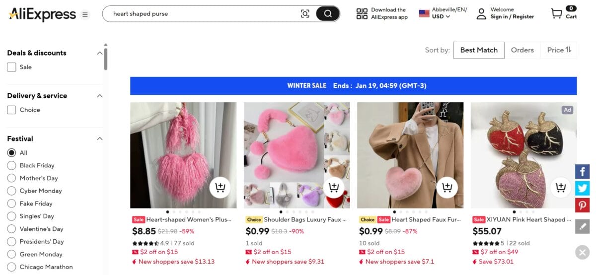 AliExpress heart shaped bags for valentine's day dropshipping