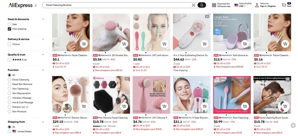 Facial cleansing brushes on AliExpress to start dropship selling cosmetics