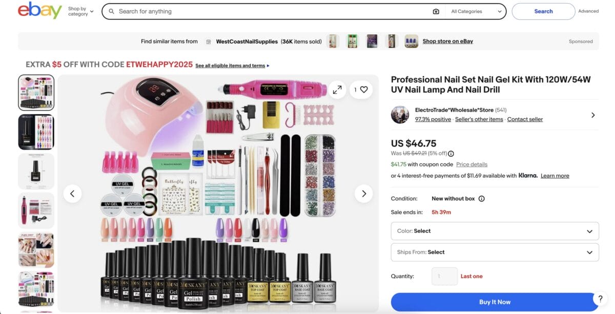 Gel nail kits on eBay to start dropship selling cosmetics
