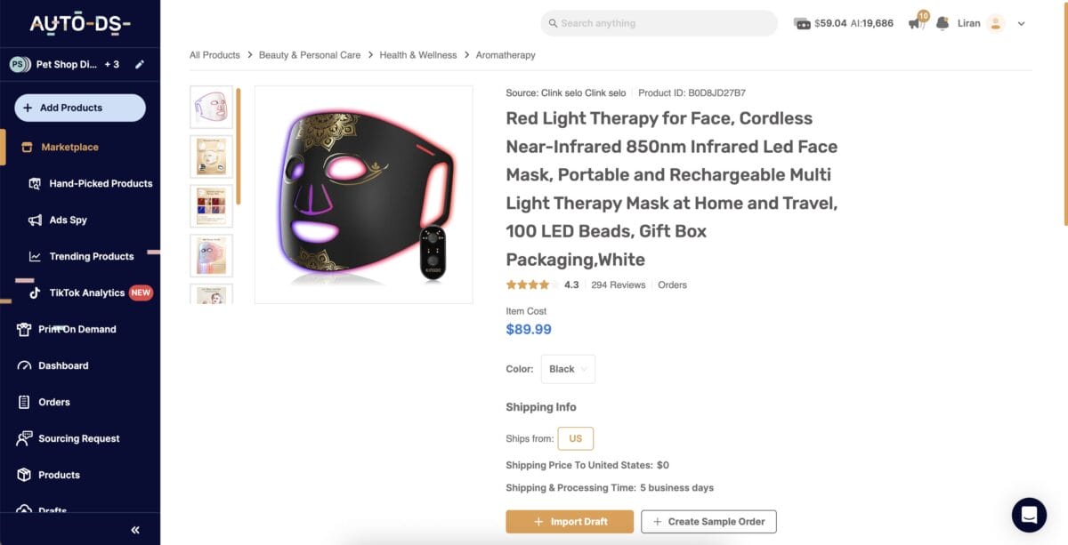 Red light therapy mask on AutoDS to start dropship selling cosmetics