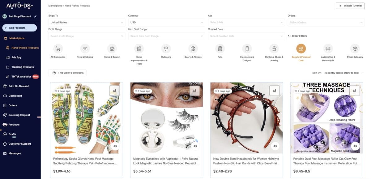AutoDS's marketplace filters to start dropship selling cosmetics