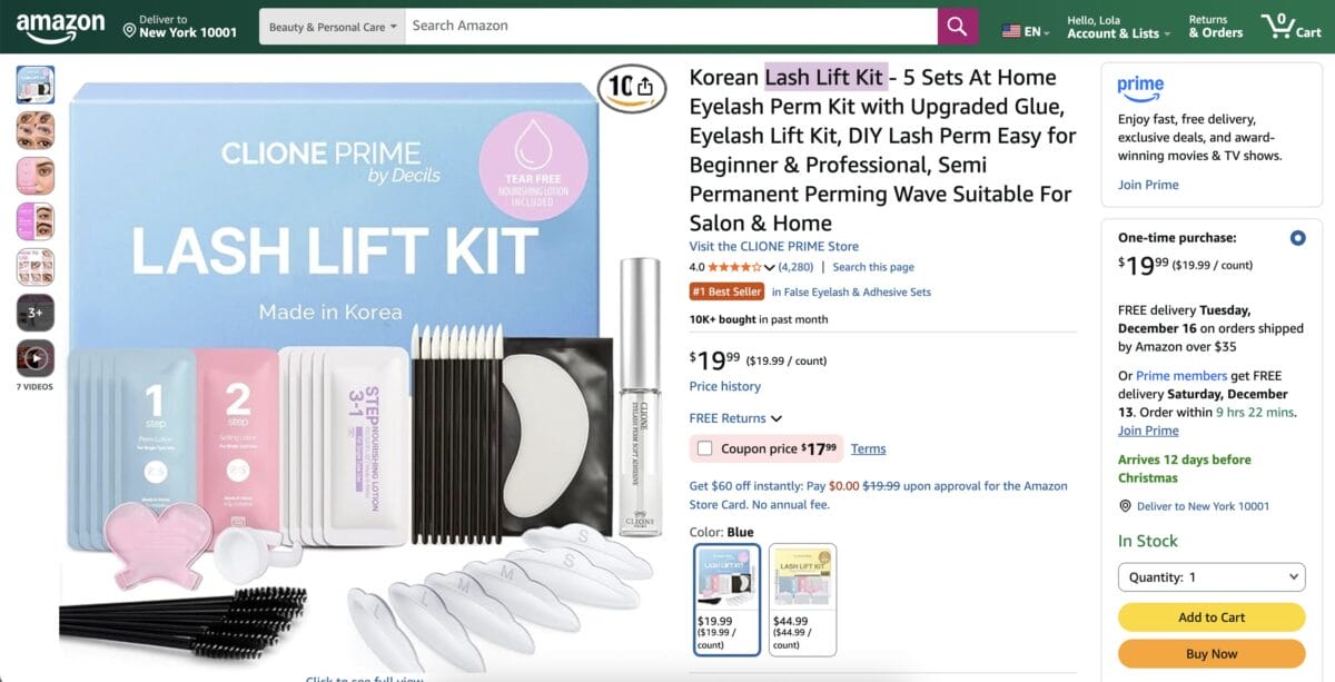 Lash lift kit on Amazon to start dropship selling cosmetics
