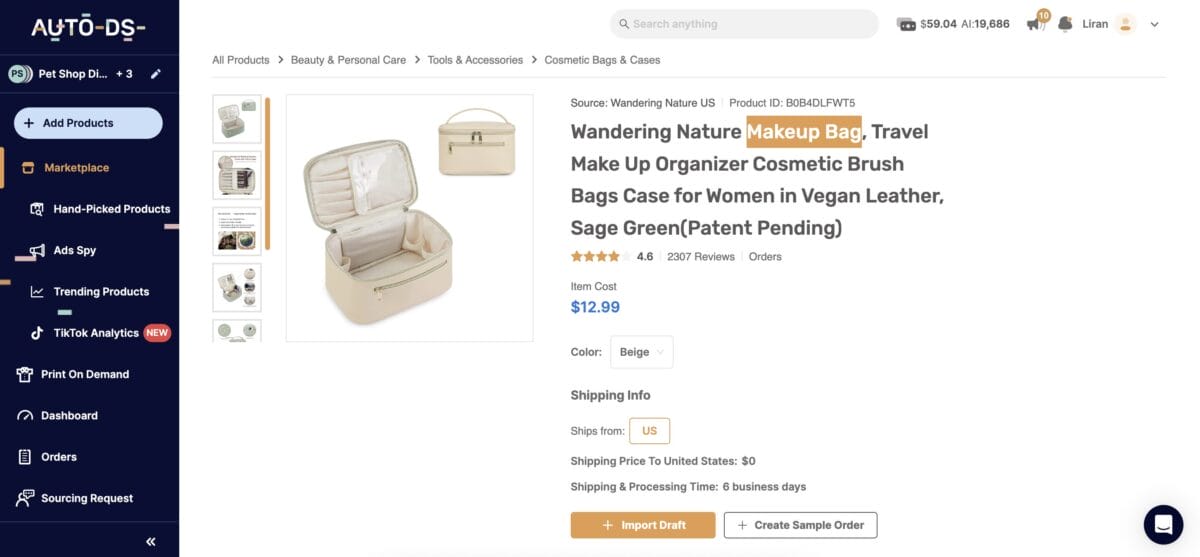 Makeup bag on AutoDS to start dropship selling cosmetics