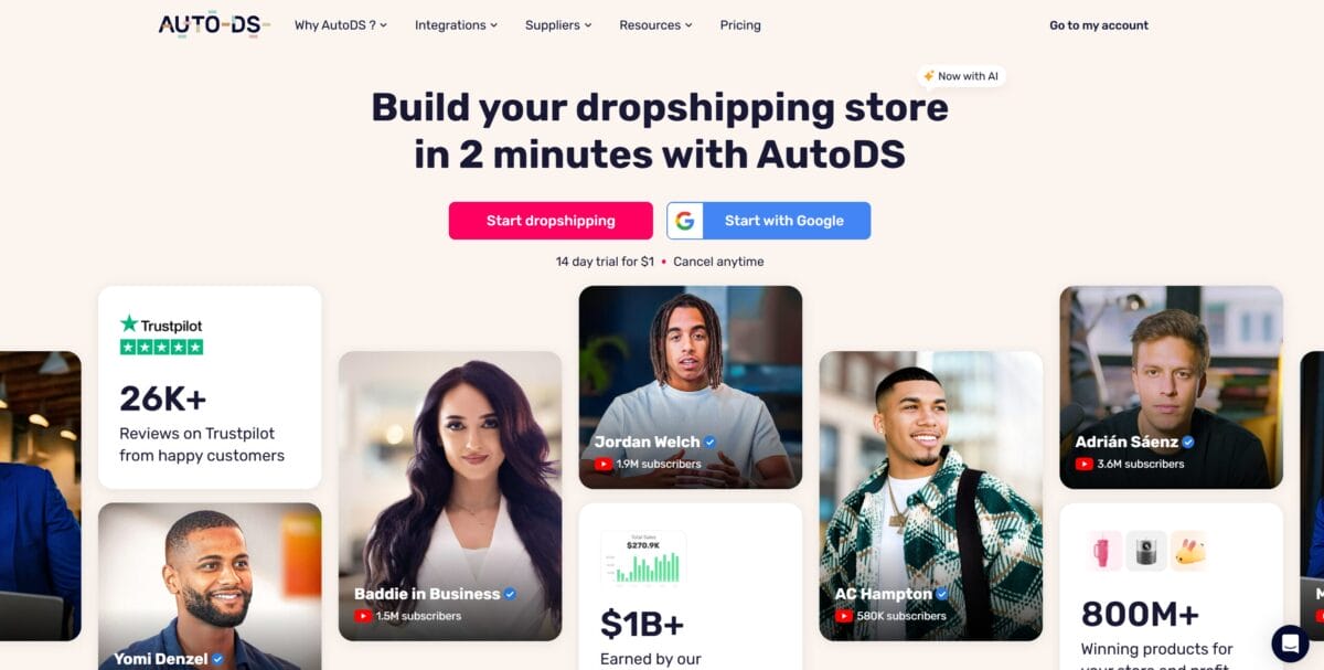 AutoDS homepage for dropshipping coffee