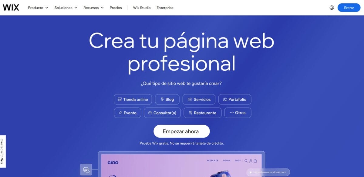 página de inicio de wix