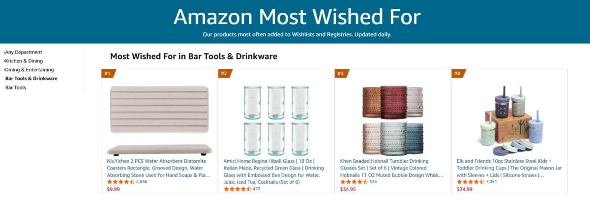 Amazon trendings lists navigation across Most Wished For and Most Gifted