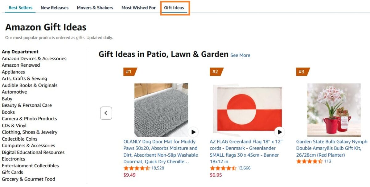 Amazon section Most Gifted Ideas list location