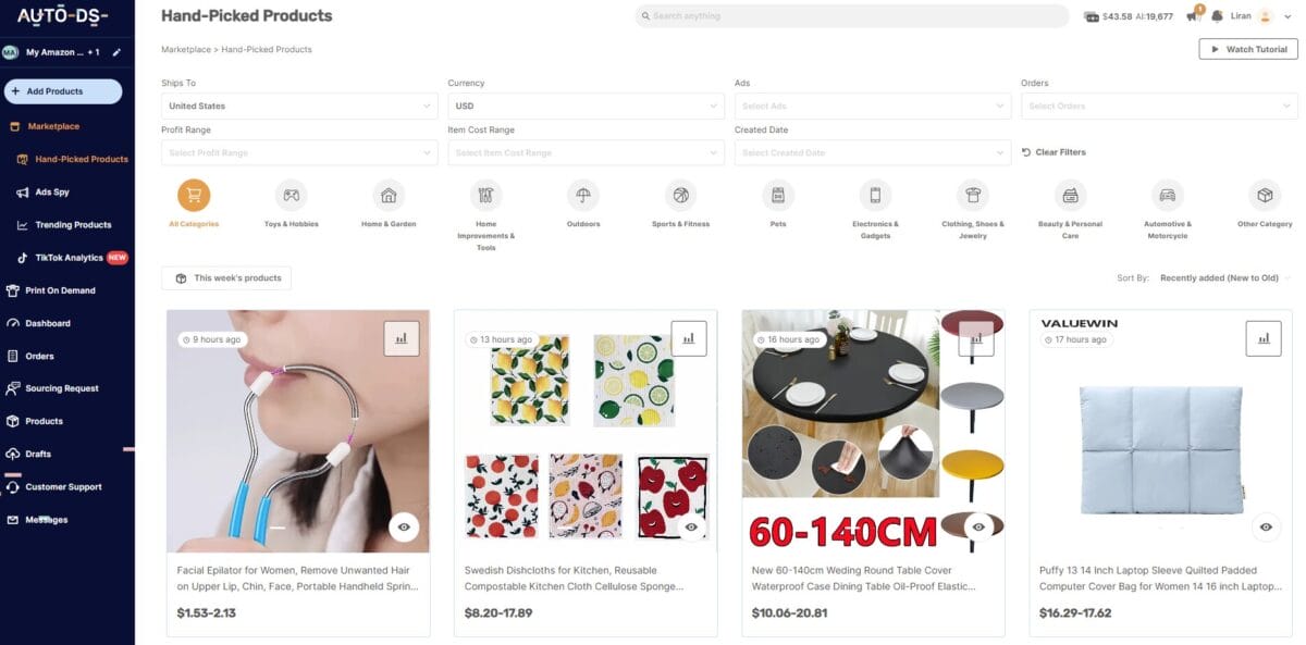 Find the best products for your Shopify Store through the AutoDS hand-picked products hub