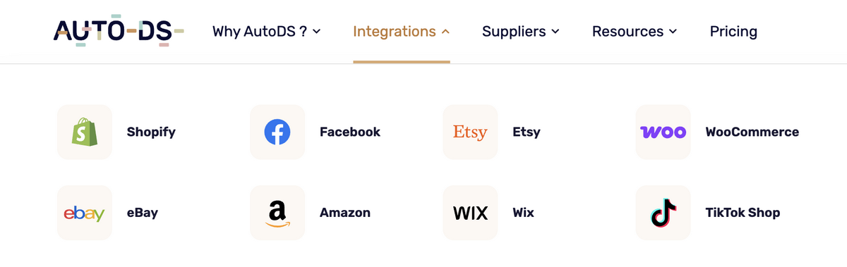 AutoDS supported integrations to sell on Instagram and other platforms