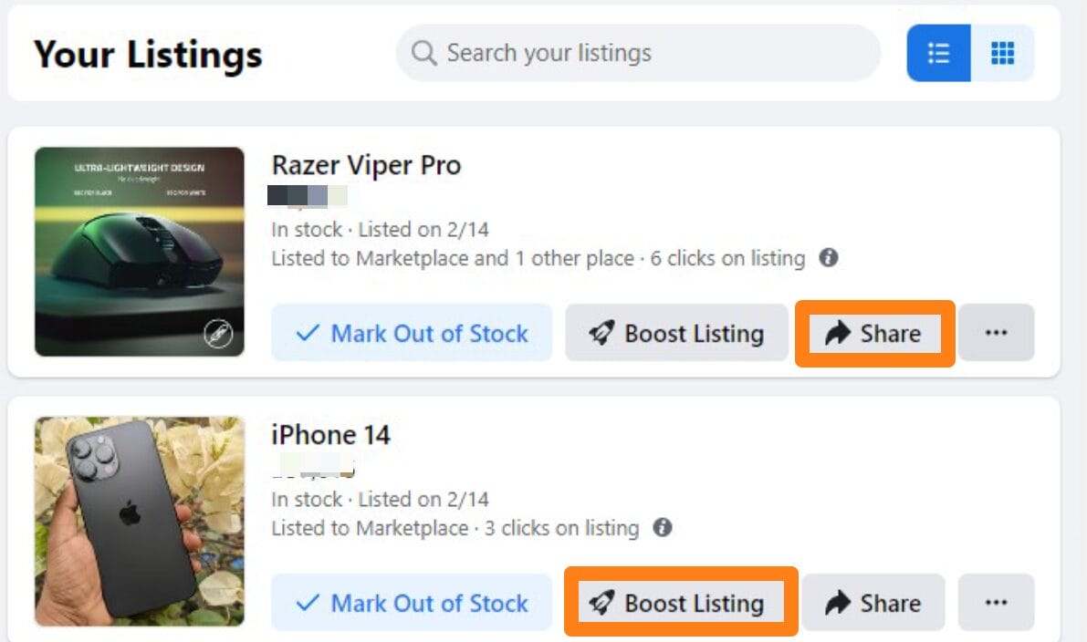 Boost & Share Marketplace listing