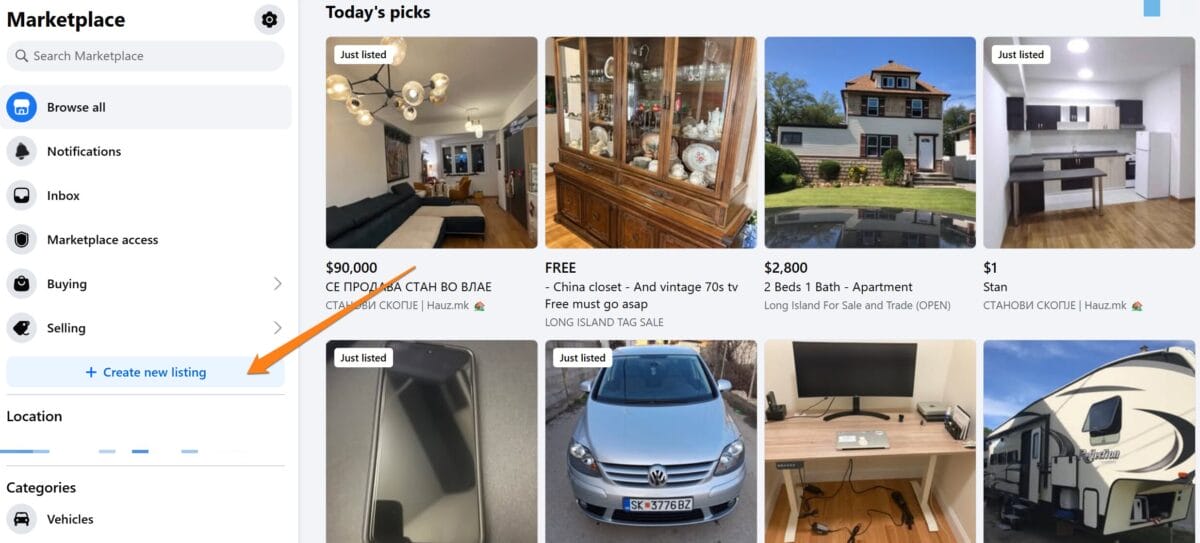 Navigate to Facebook Marketplace and click Create Listing