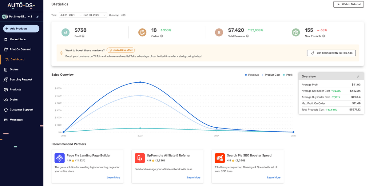 AutoDS's dashboard for keeping track of global dropshipping taxes