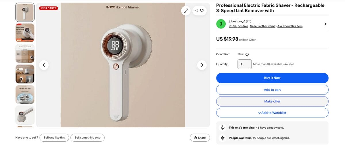 Rechargeable Fabric Shaver (Lint Remover) on eBay, a top TikTok dropshipping product