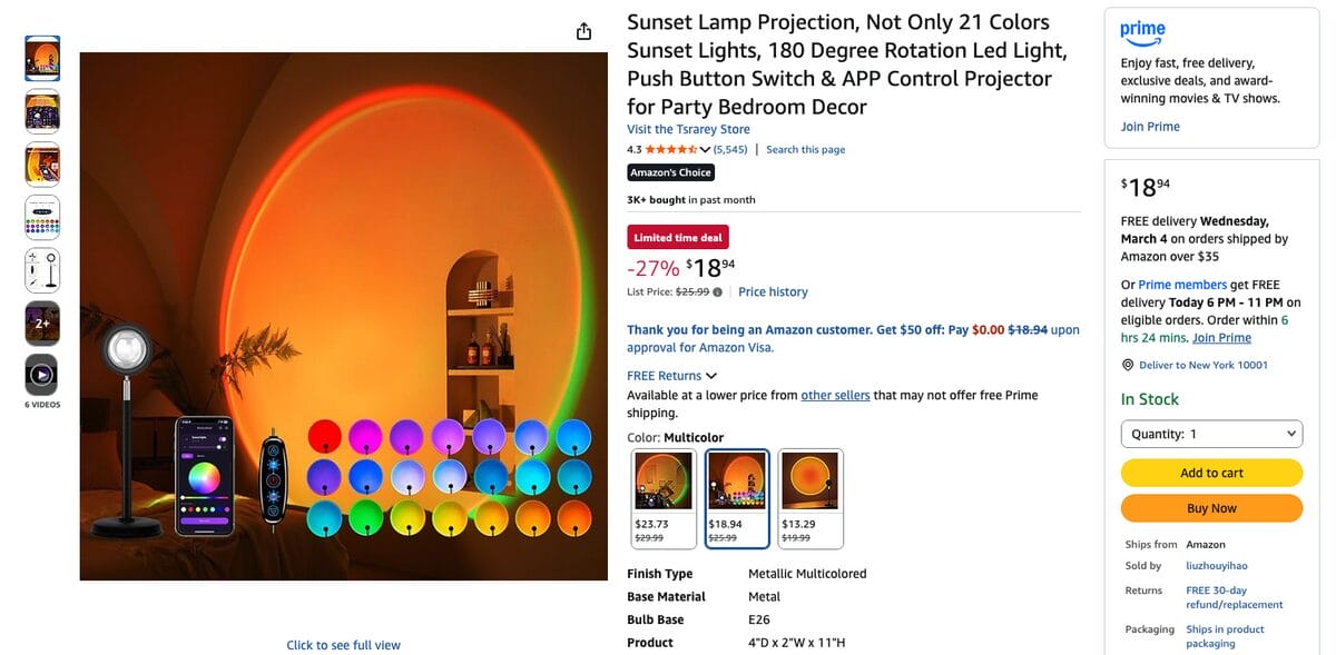 Smart Sunset Projection Lamp (App Controlled) on Amazon, a top TikTok dropshipping product