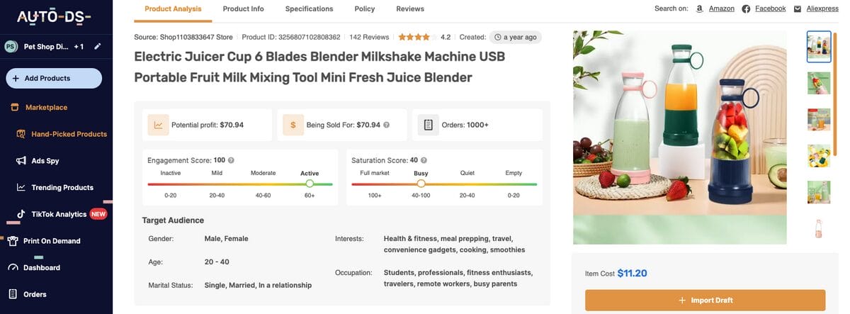 Portable USB Rechargeable Blender Bottle on AutoDS's marketplace, a top TikTok dropshipping product