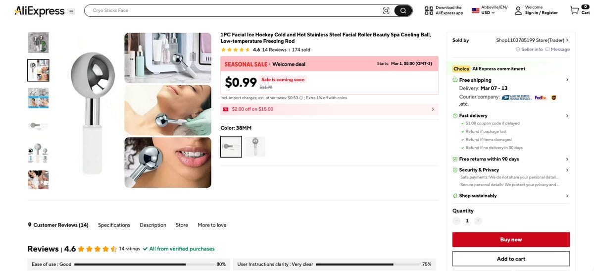 Stainless Steel Ice Roller for Face on AliExpress, a top TikTok dropshipping product