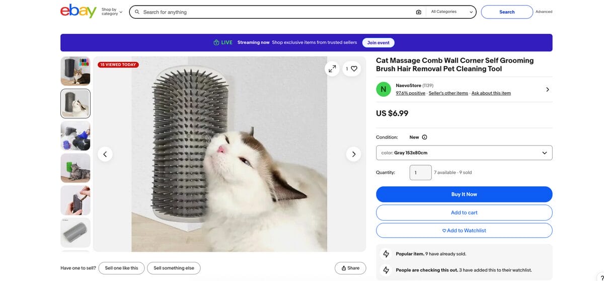 Cat Self-Grooming Corner Brush on eBay, a top TikTok dropshipping product