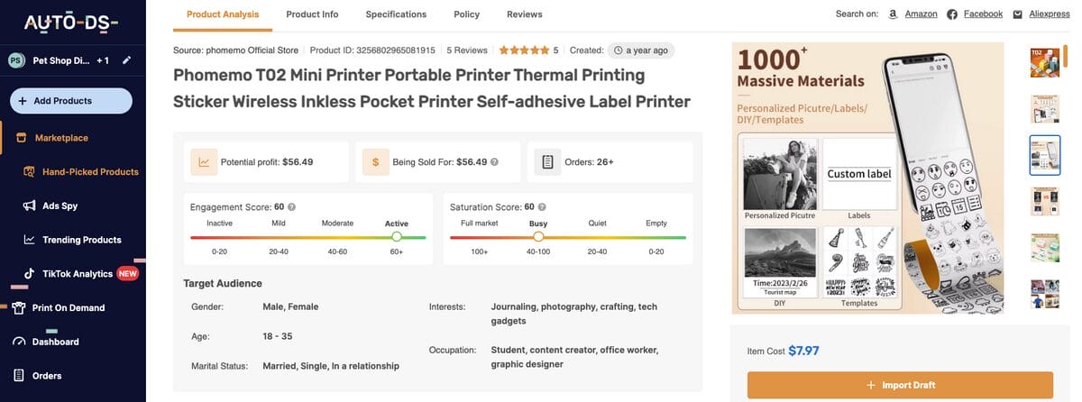 Mini Bluetooth Thermal Label Printer on AutoDS's marketplace, a top TikTok dropshipping product