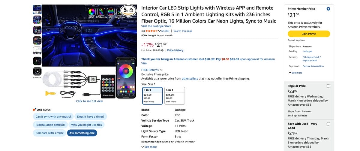 App-Controlled Car LED Interior Light Kit on Amazon, a top TikTok dropshipping product