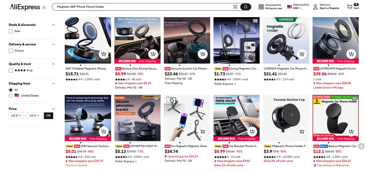 Magnetic 360° Phone Mount Holder on AliExpress, a top TikTok dropshipping product