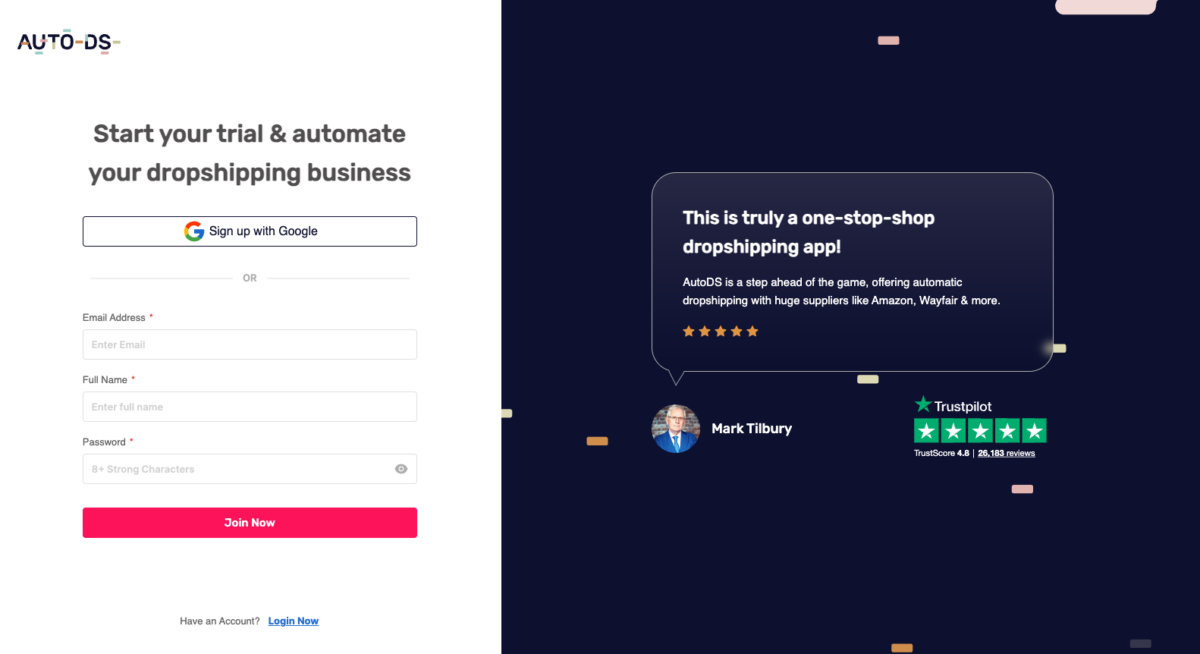 Register to AutoDS for Amazon to Shopify dropshipping