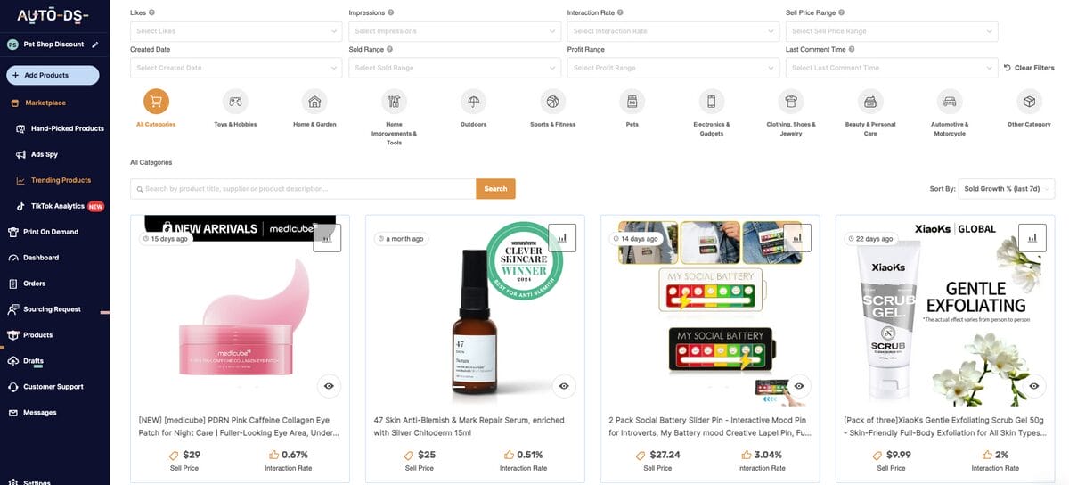 AutoDS's Trending products hub to find best-selling items on Facebook Marketplace 2026