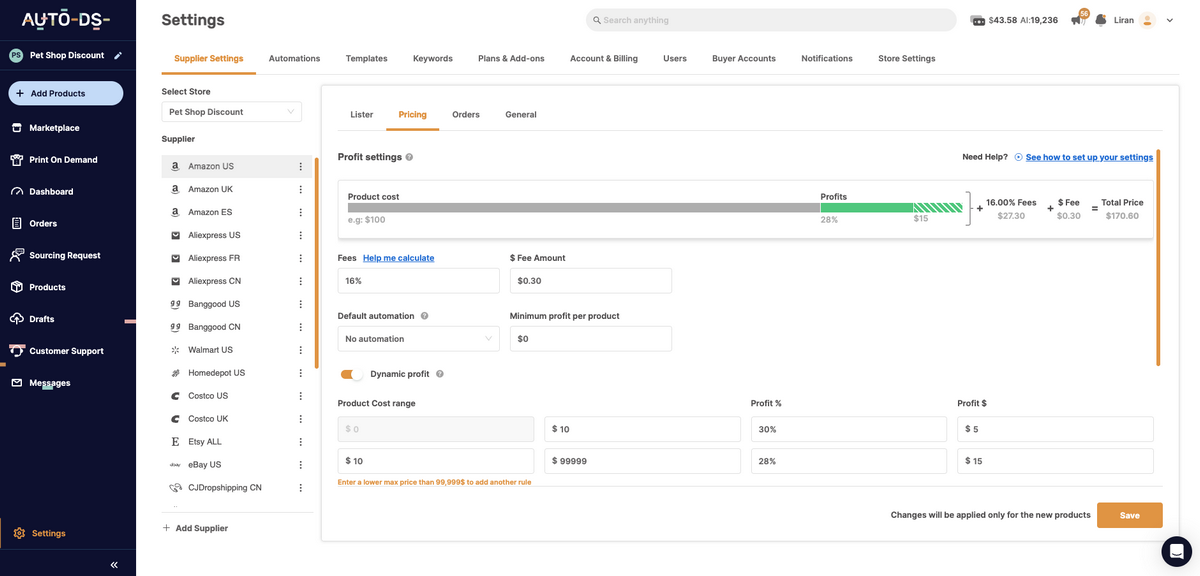 AutoDS's pricing rules to optimize listings on Facebook Marketplace