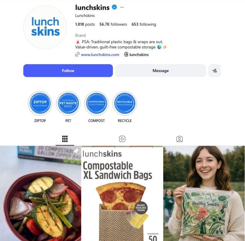 Lunchskins Instagram account example of a ecommerce store