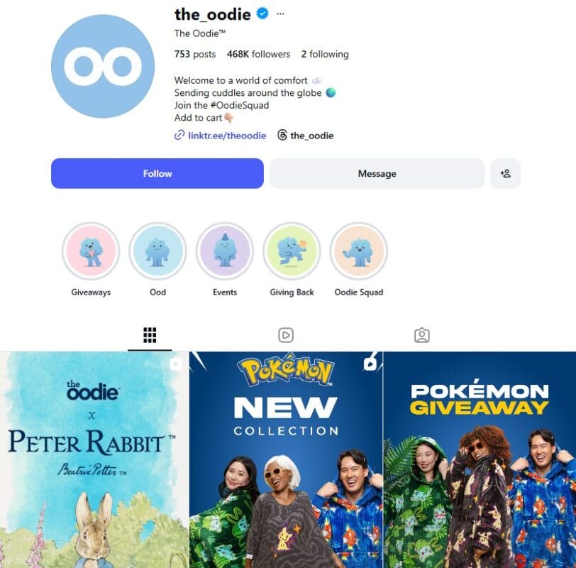 The Oodie Instagram page example of a comfort-focused dropshipping store