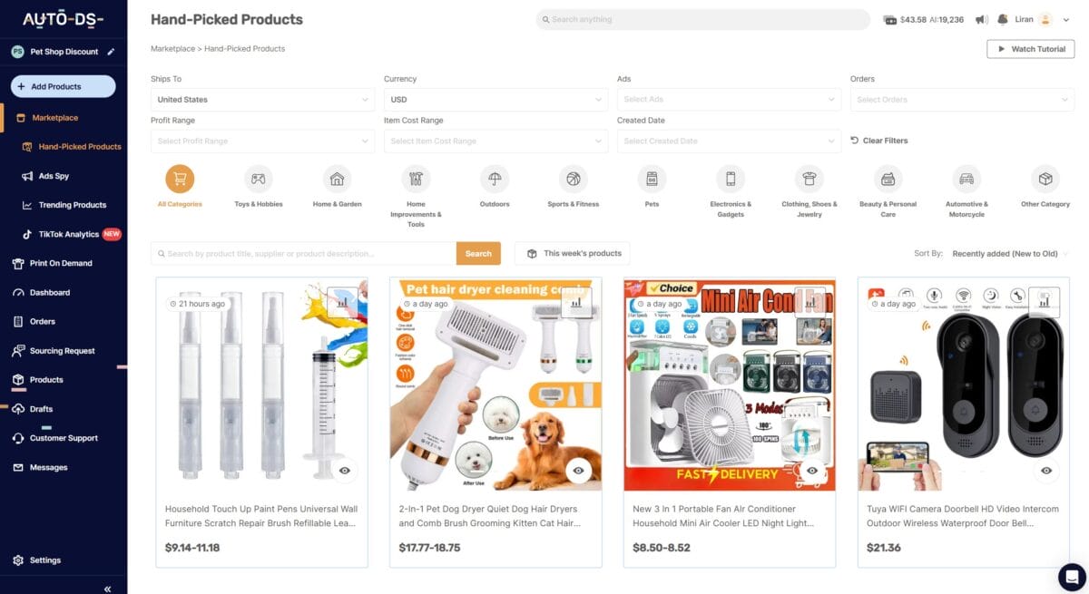 AutoDS hand picked products hub