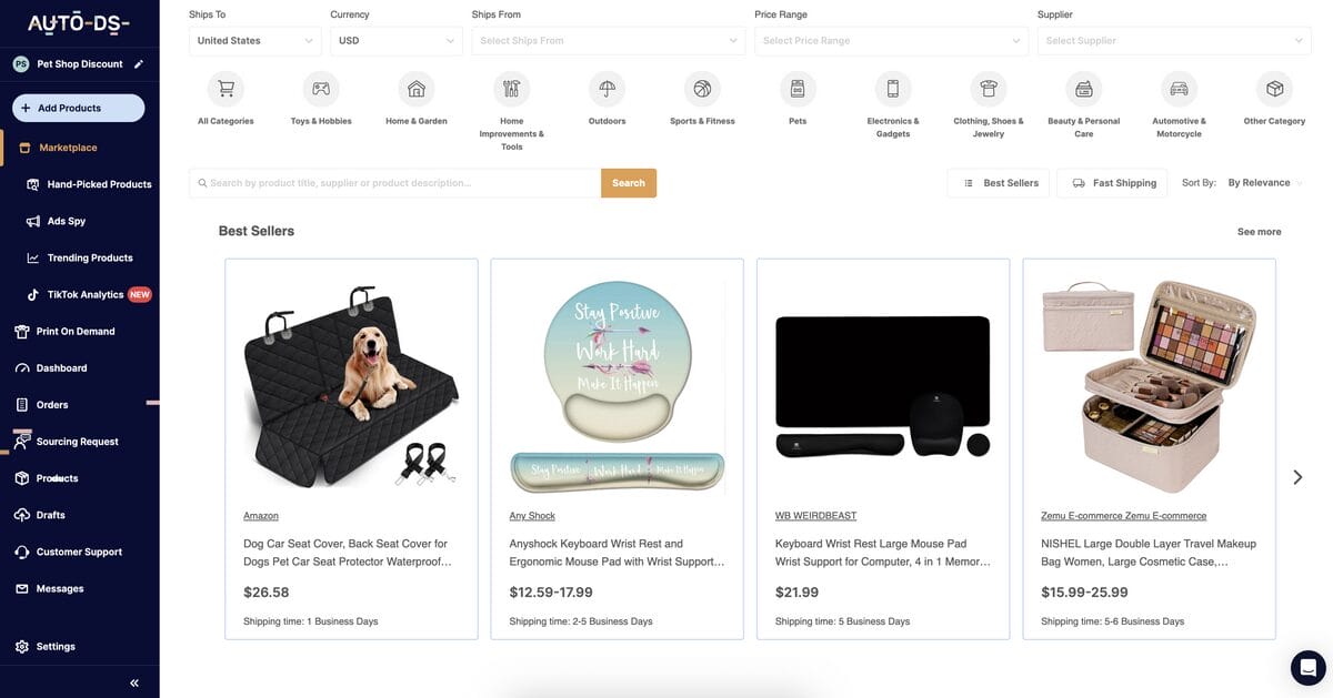 AutoDS's marketplace to sell on Amazon