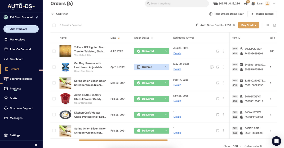 AutoDS to Amazon orders dashboard