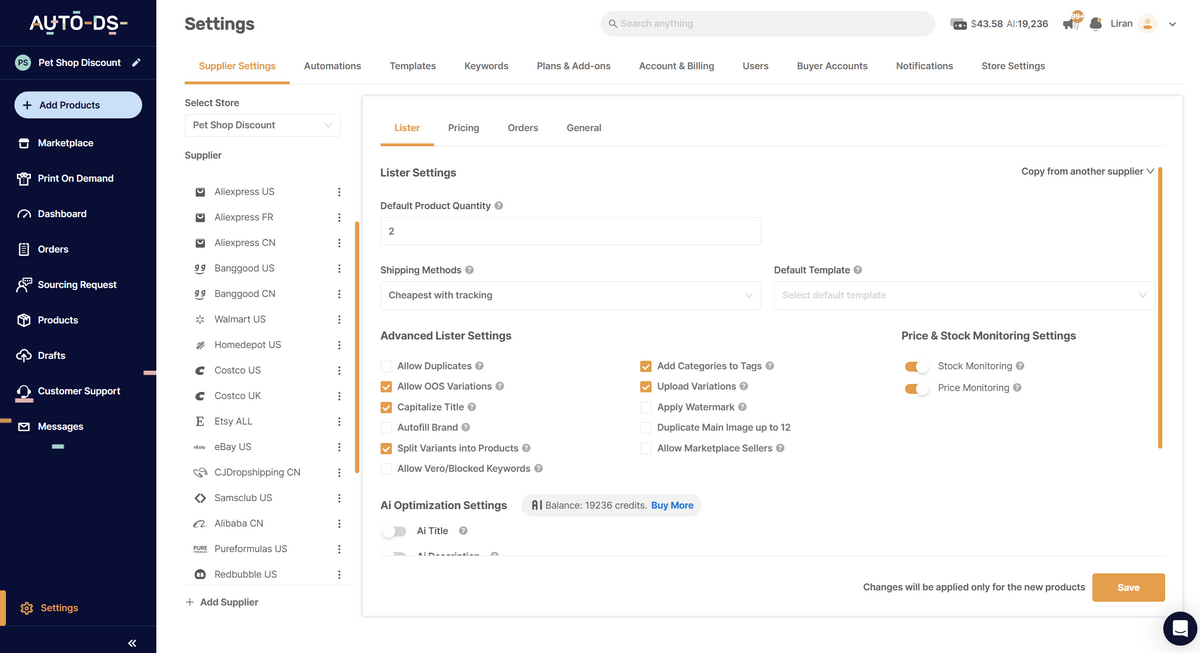 AutoDS Supplier monitoring and operational automation