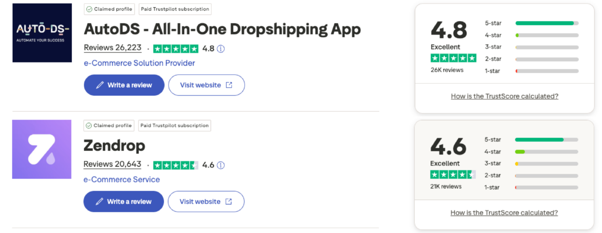 AutoDS vs Zendrop on Trustpilot