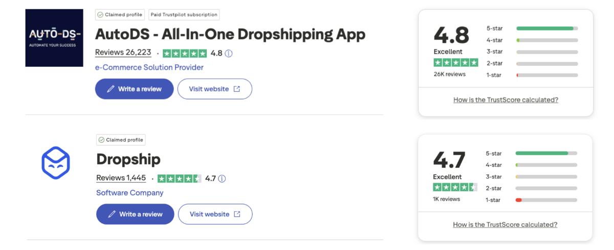 AutoDS vs Dropship.io on Trustpilot