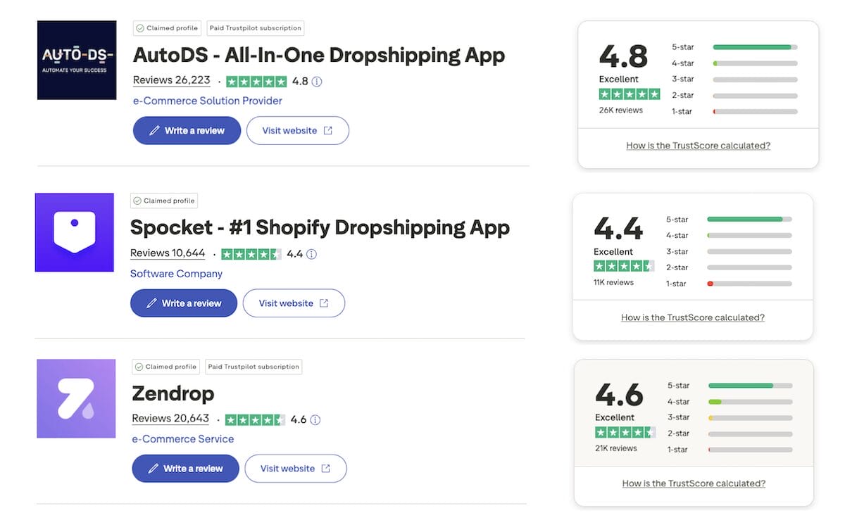 AutoDS vs Spocket vs Zendrop on Trustpilot