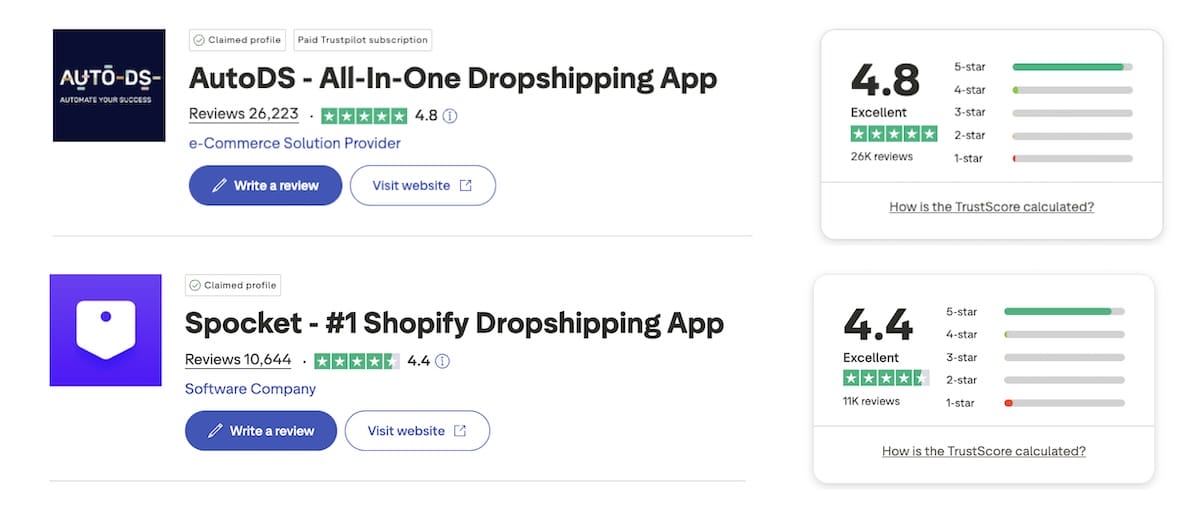 AutoDS vs Spocket on Trustpilot