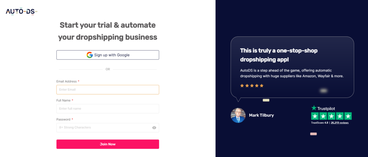 AutoDS registration for dropshipping