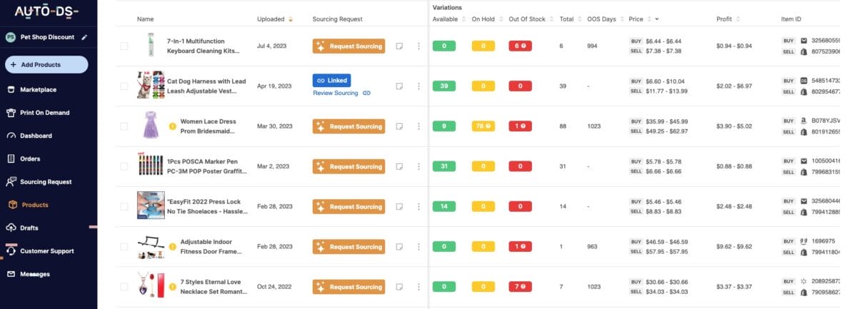 AutoDS's inventory management dashboard