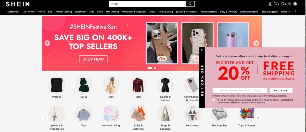 Shein's homepage